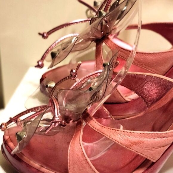 Vtg. Mint Baldinini Pink Leather/PVC Flower Lucite Heel Sandals Sz.6.5 Ret$475 - Picture 4 of 13